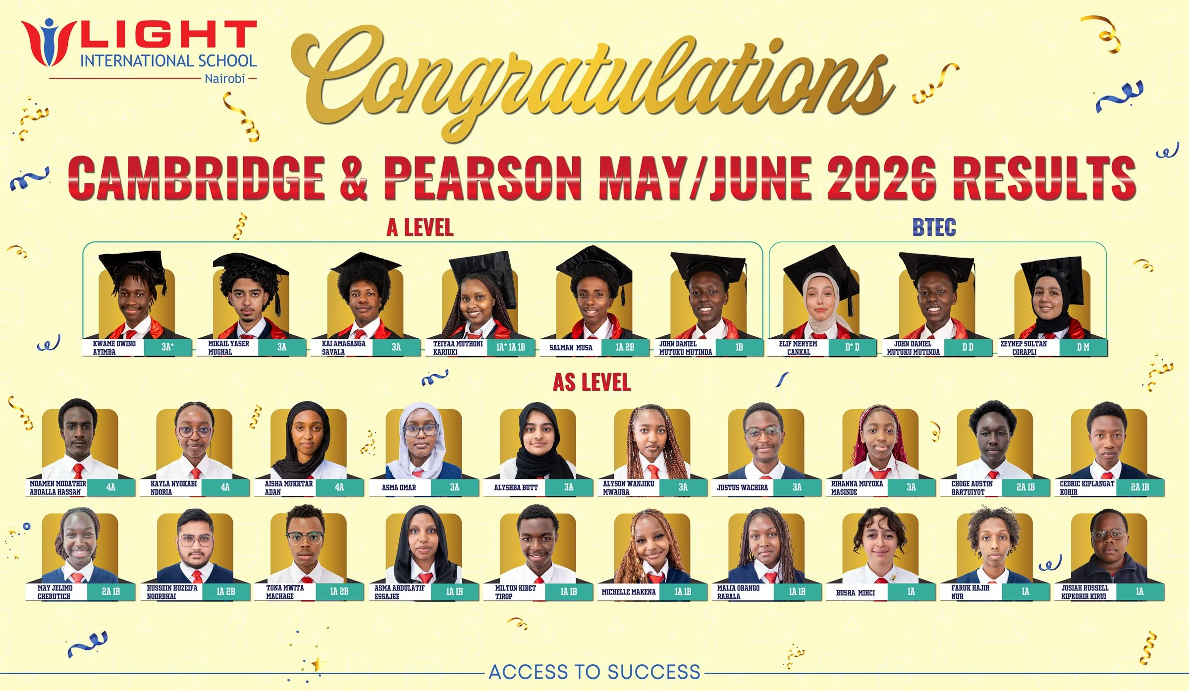 LIS Nairobi Cambridge and Pearson May/June 2026 results: A Level, BTEC and AS Level students and their grades